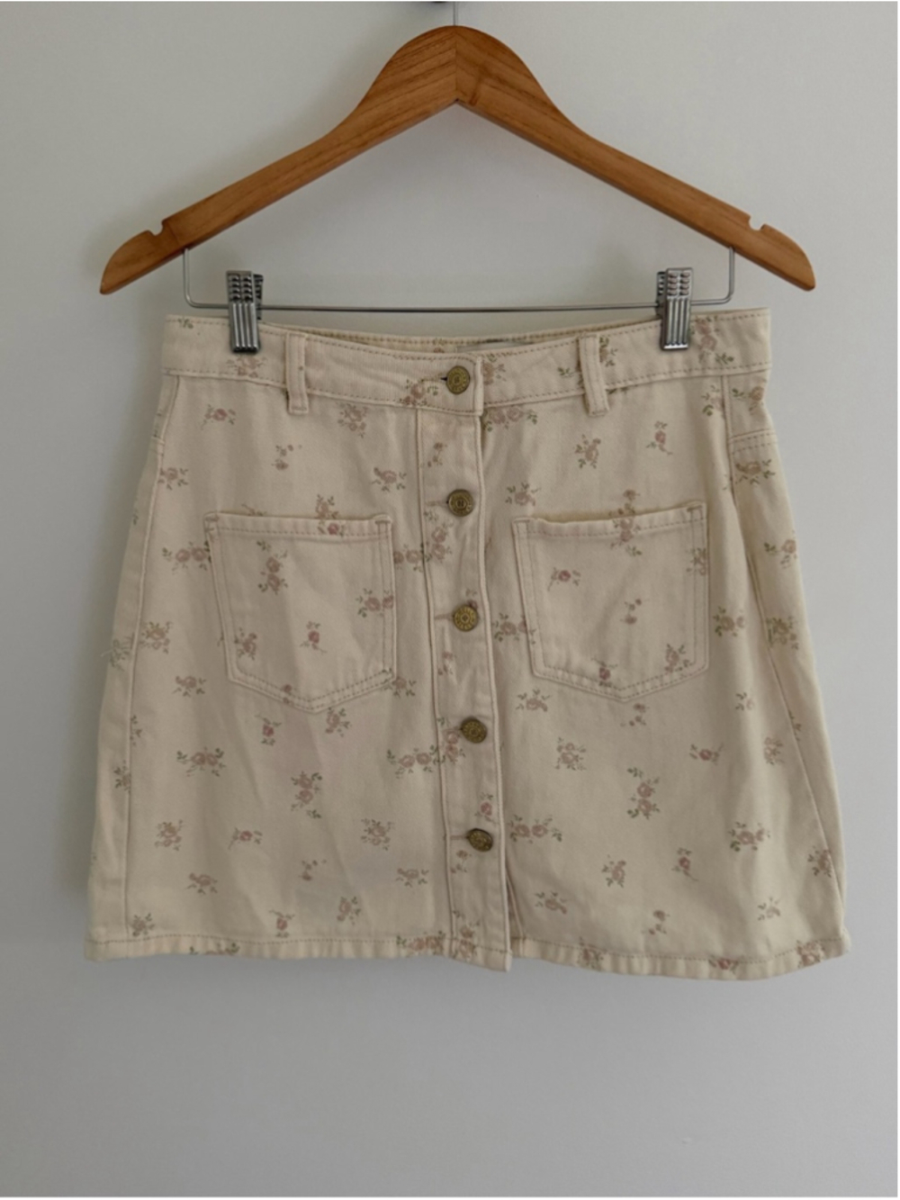 Molly Bracken Floral Denim Mini Skirt M Cream Cottagecore Button Front